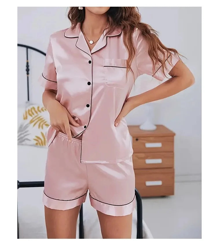 Silk Satin Pajama Set – Button-Down Top & Shorts 2-Piece Sleepwear Style Heaven