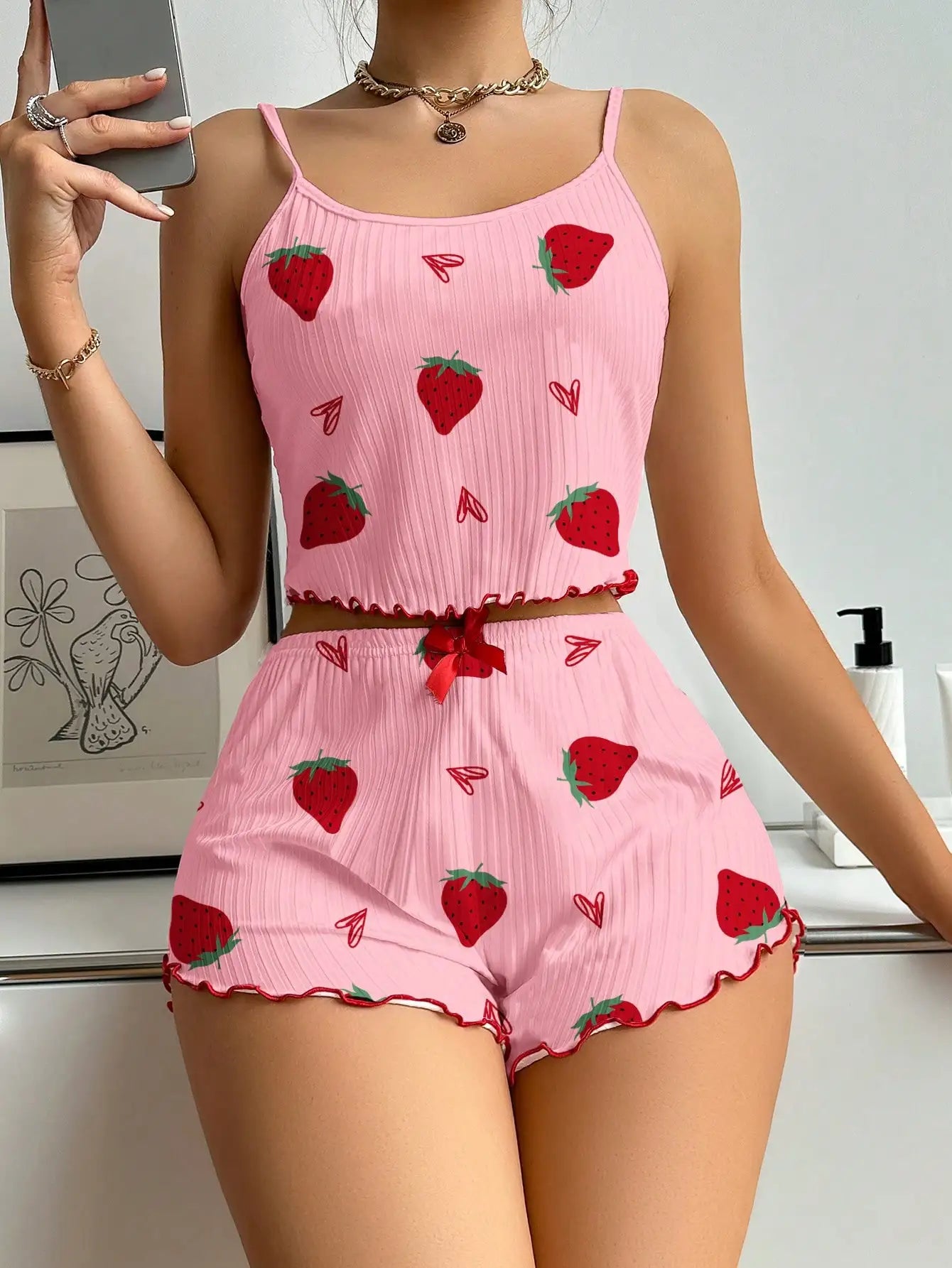 Heart Print Backless Pajama Set – Cute & Comfy Summer Loungewear Style Heaven