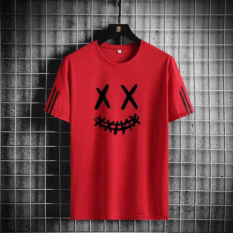 Three-Bar Trendy Men's Sports Set – Smiling Face Print Mesh T-Shirt & Pants Style Heaven