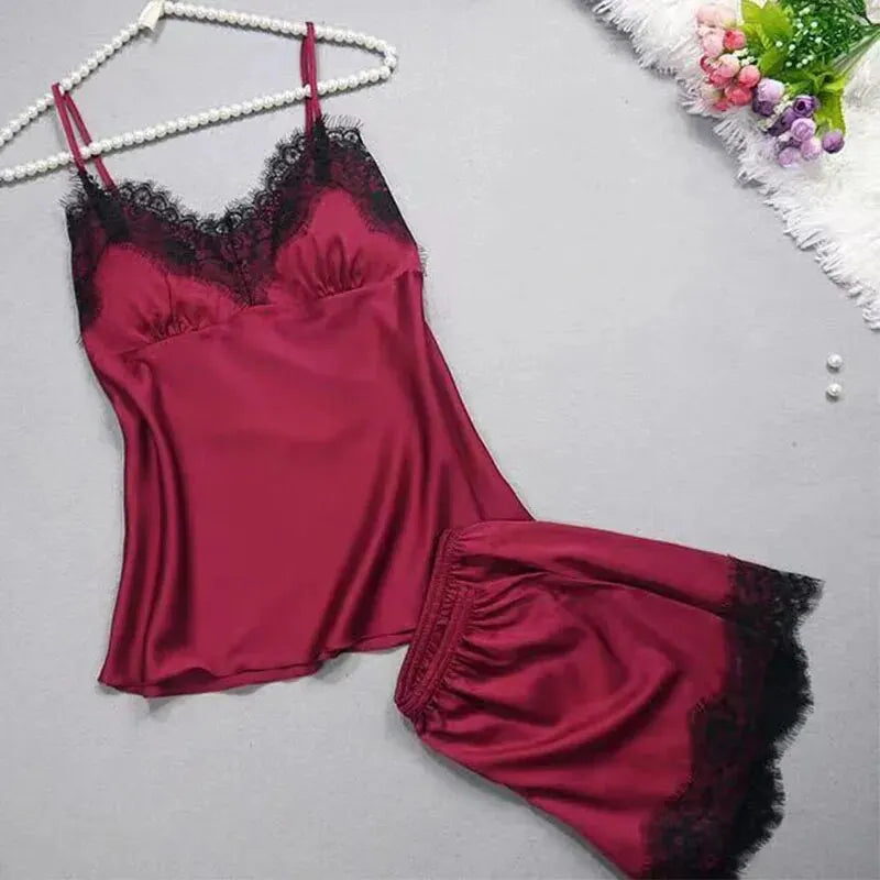 Sexy Lace Halter Pajama Set – 2-Piece Camisole & Shorts Sleepwear Style Heaven