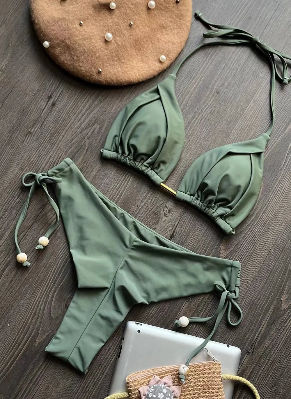 Sexy Triangle Bathing Suit for Women – Brazilian Bikini Halter Swimwear with Push Up and Metal Chain Details Style Heaven
