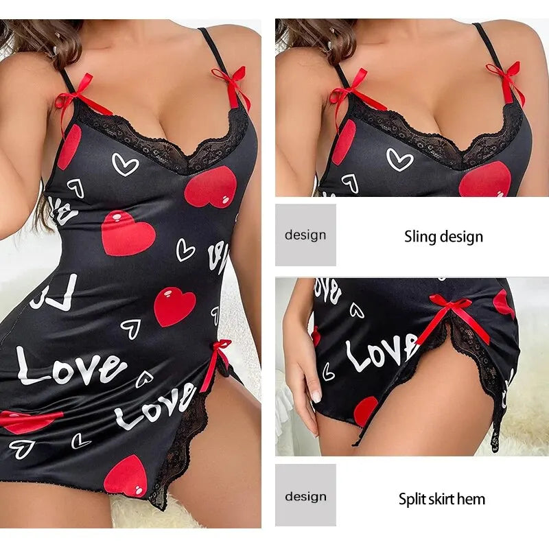 Romantic Lace-Trim V-Neck Sleepwear – Love Letter Print Mini Nightdress Style Heaven