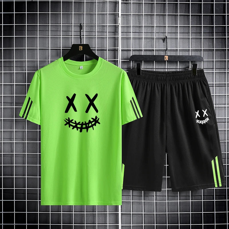 Three-Bar Trendy Men's Sports Set – Smiling Face Print Mesh T-Shirt & Pants Style Heaven