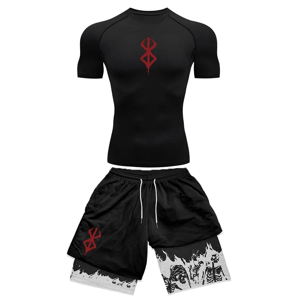 Anime 3D Printed Men's Compression Set – Short Sleeve Gym Top & Workout Shorts | Quick-Dry Athletic Rash Guard Style Heaven