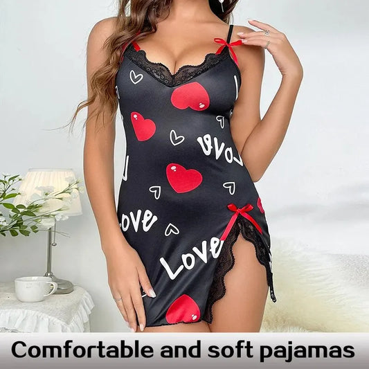 Romantic Lace-Trim V-Neck Sleepwear – Love Letter Print Mini Nightdress Style Heaven