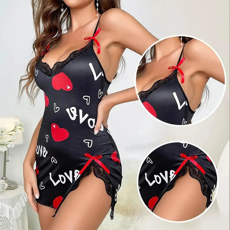 Romantic Lace-Trim V-Neck Sleepwear – Love Letter Print Mini Nightdress Style Heaven