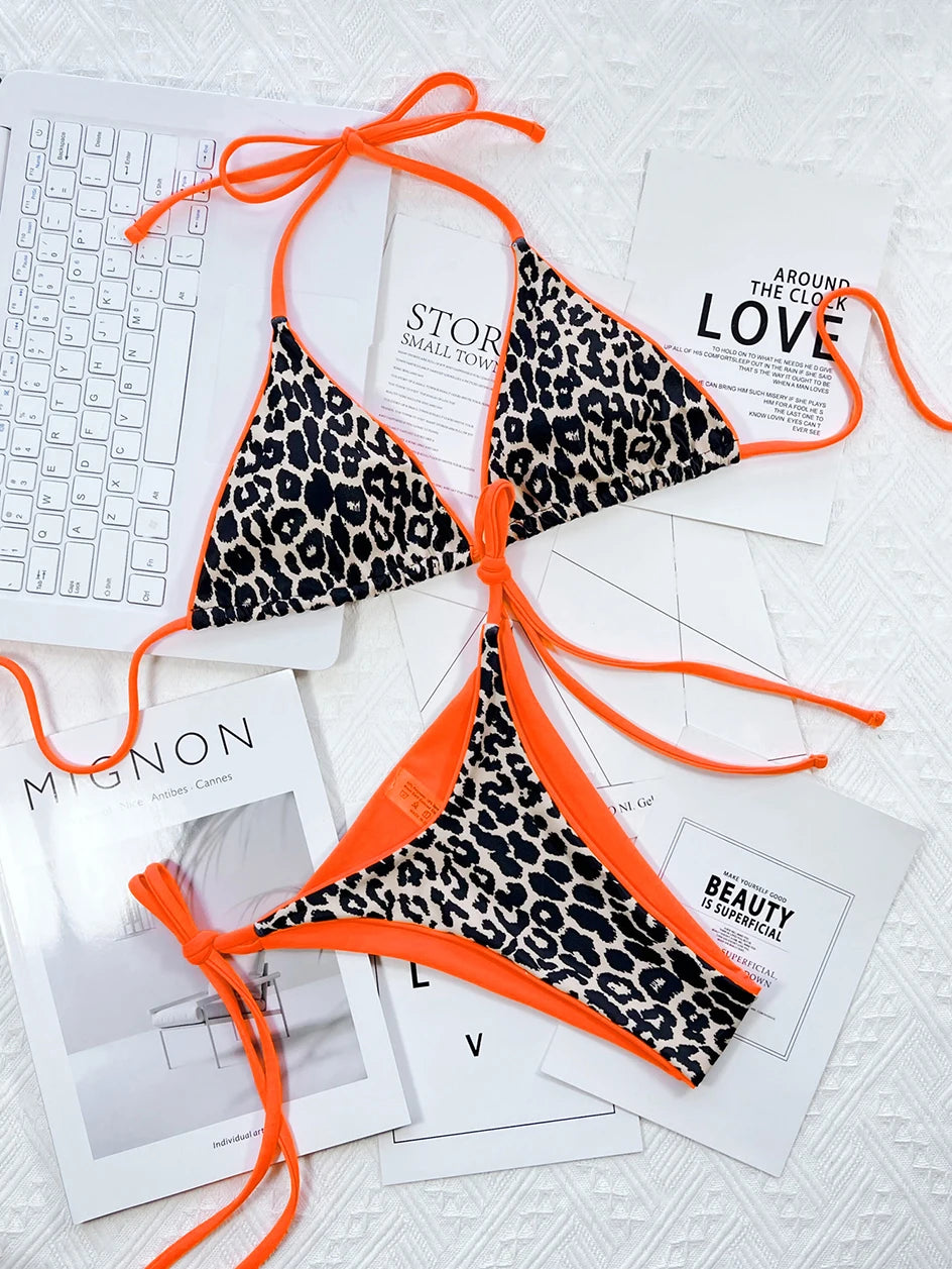 2024 Sexy Leopard Micro Bikini – Women’s Brazilian Halter Swimwear Set with Lace-Up Design Style Heaven