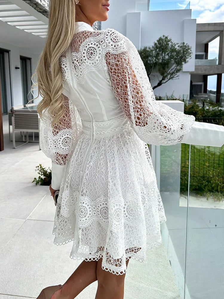 Spring Summer Women's Solid O-Neck Mini Dress – Fashion Hollow Out Lantern Sleeve Party Dress Style Heaven