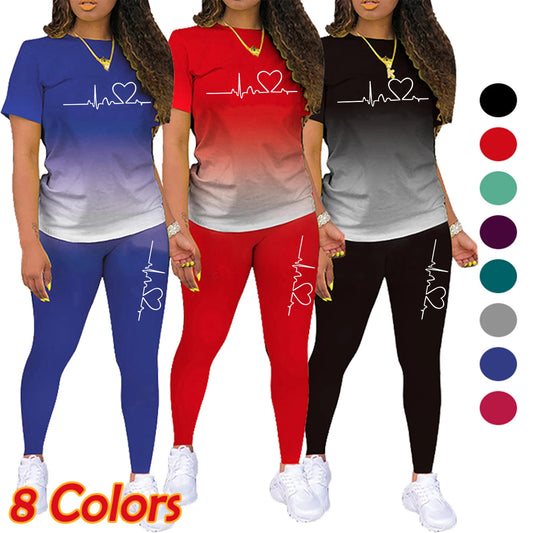 2-Piece Summer Print T-Shirt & Pants Set – Women's Casual Cotton Gym & Yoga Outfit