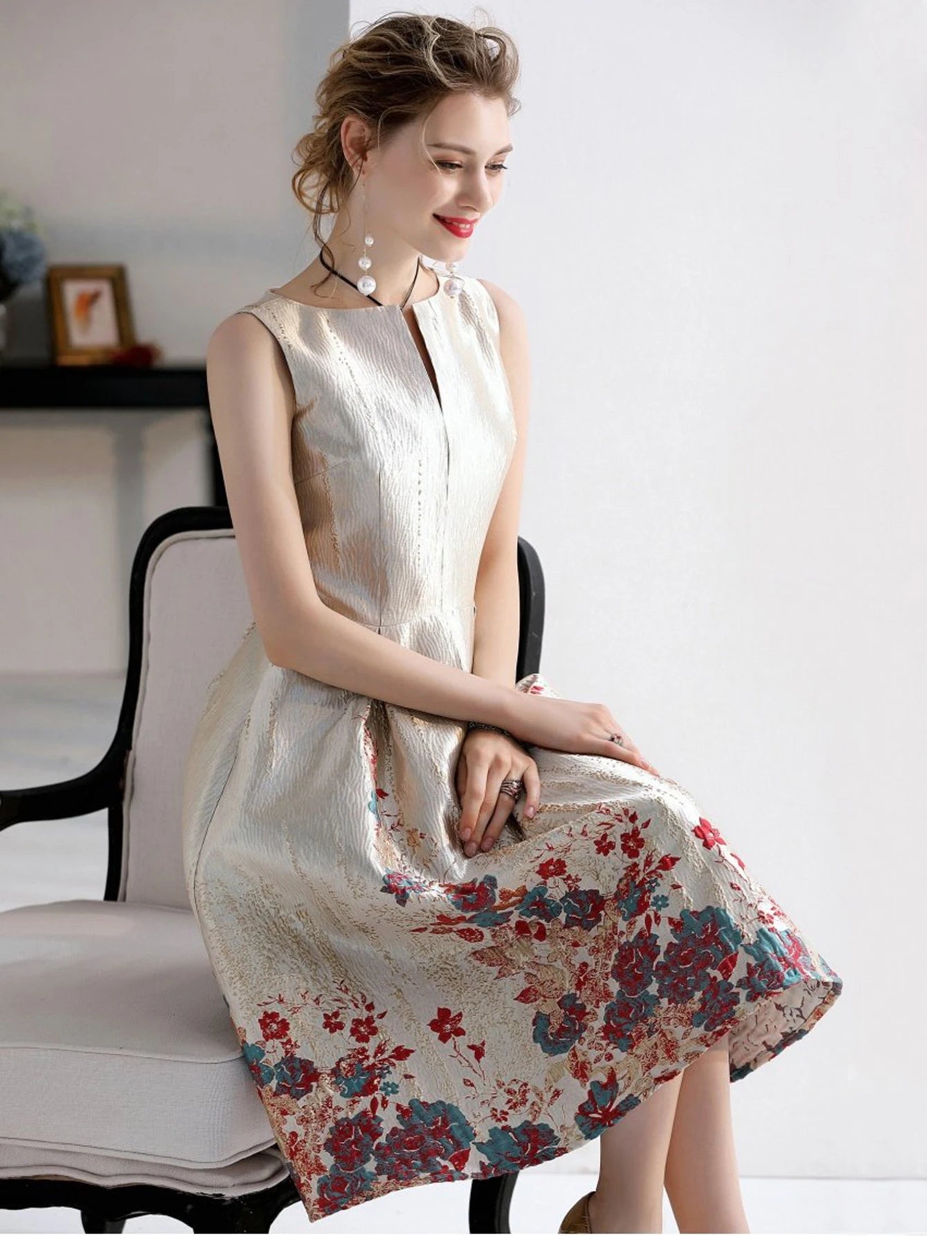 Luxury Women’s Jacquard A-Line Ball Gown – Sleeveless Summer Midi Party Dress Style Heaven
