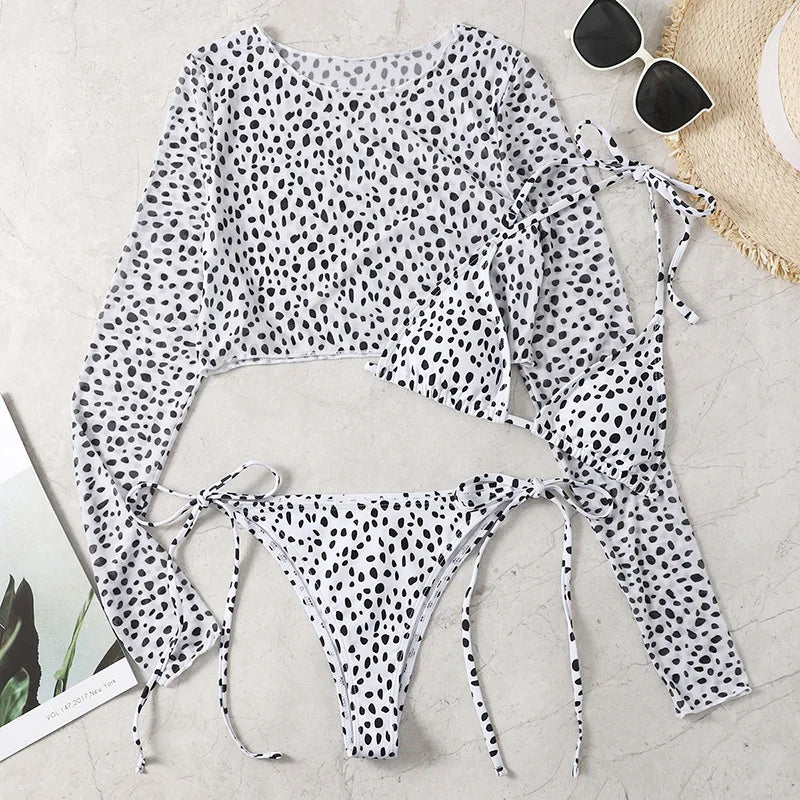 Leopard Print 3-Piece Micro Bikini Set – Halter Top, Low Waist Bottoms & Cover-Up - Style Heaven
