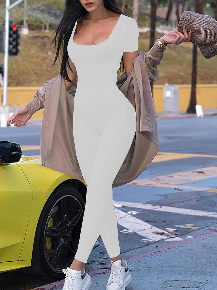 2025 Spring and Summer New Women's One-piece Short Sleeve Solid Color Sexy Slim Fit Street Style Jumpsuit Style Heaven