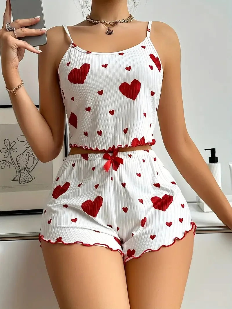 Heart Print Backless Pajama Set – Cute & Comfy Summer Loungewear Style Heaven