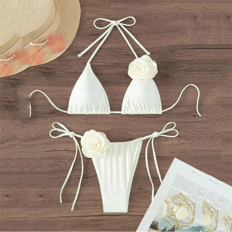 Sexy Flower Bandeau Swimwear Thong Bikini – Lace-Up Brazilian Bikinis Set for Women Style Heaven