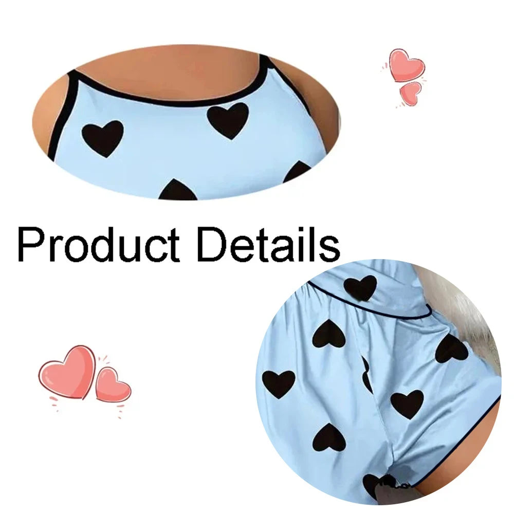 Pink Heart Print Pajama Set – Comfy Ice Silk Summer Sleepwear Style Heaven