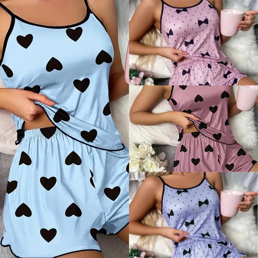 Pink Heart Print Pajama Set – Comfy Ice Silk Summer Sleepwear Style Heaven