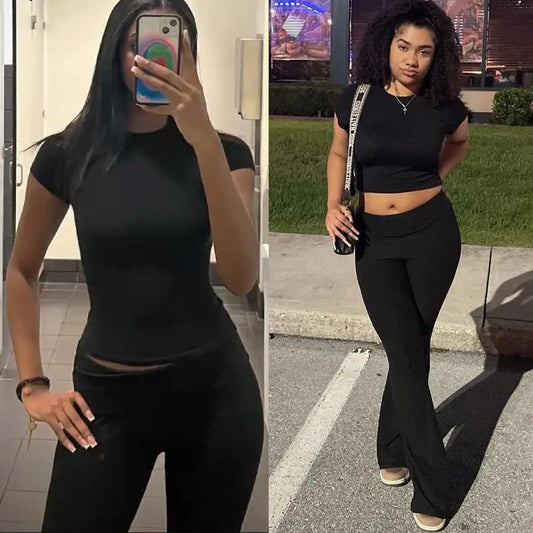 Women's 2-Piece Workout Set – Crew Neck T-Shirt & Low Rise Flare Pants Style Heaven