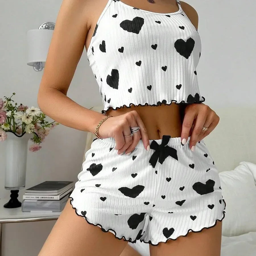 Heart Print Backless Pajama Set – Cute & Comfy Summer Loungewear Style Heaven