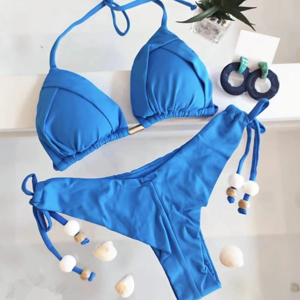 Sexy Triangle Bathing Suit for Women – Brazilian Bikini Halter Swimwear with Push Up and Metal Chain Details Style Heaven