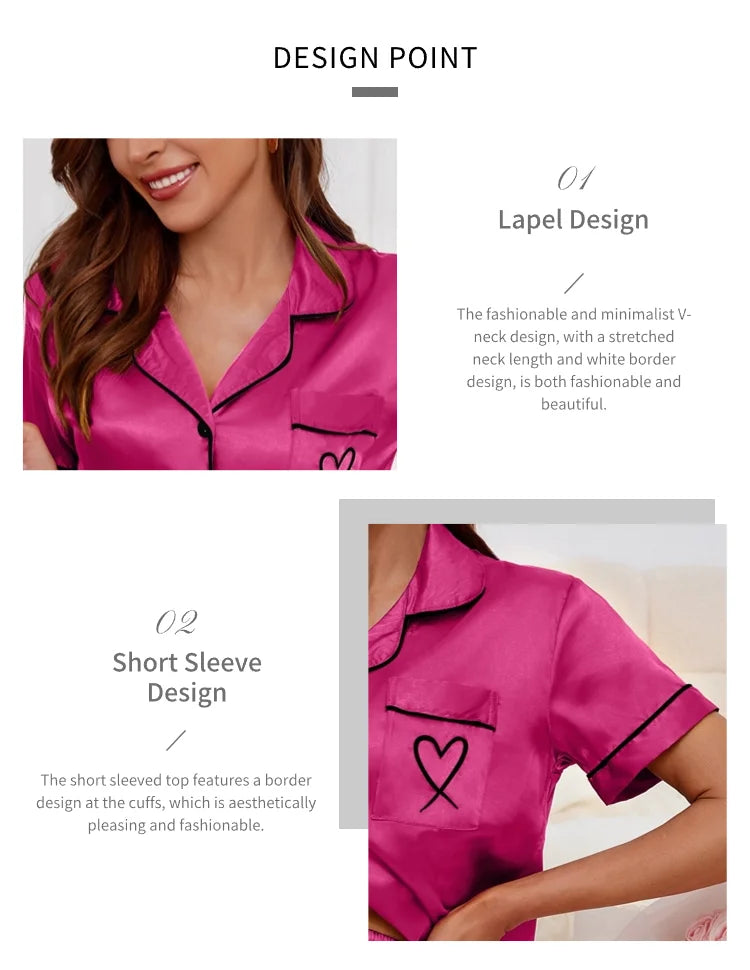 Women’s Heart Embroidered Pajama Set – Short Sleeve Button-Down & Shorts Style Heaven