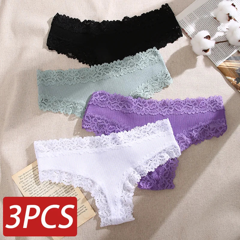 3PCS Women's Lace Seamless Cotton Panties – Ribbed Brazilian Low Waist Underwear, Breathable & Plus Size Lingerie Style Heaven