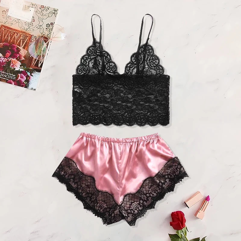 Sexy Lace See-Through Pajama Set – Breathable Suspender Shorts Sleepwear Style Heaven