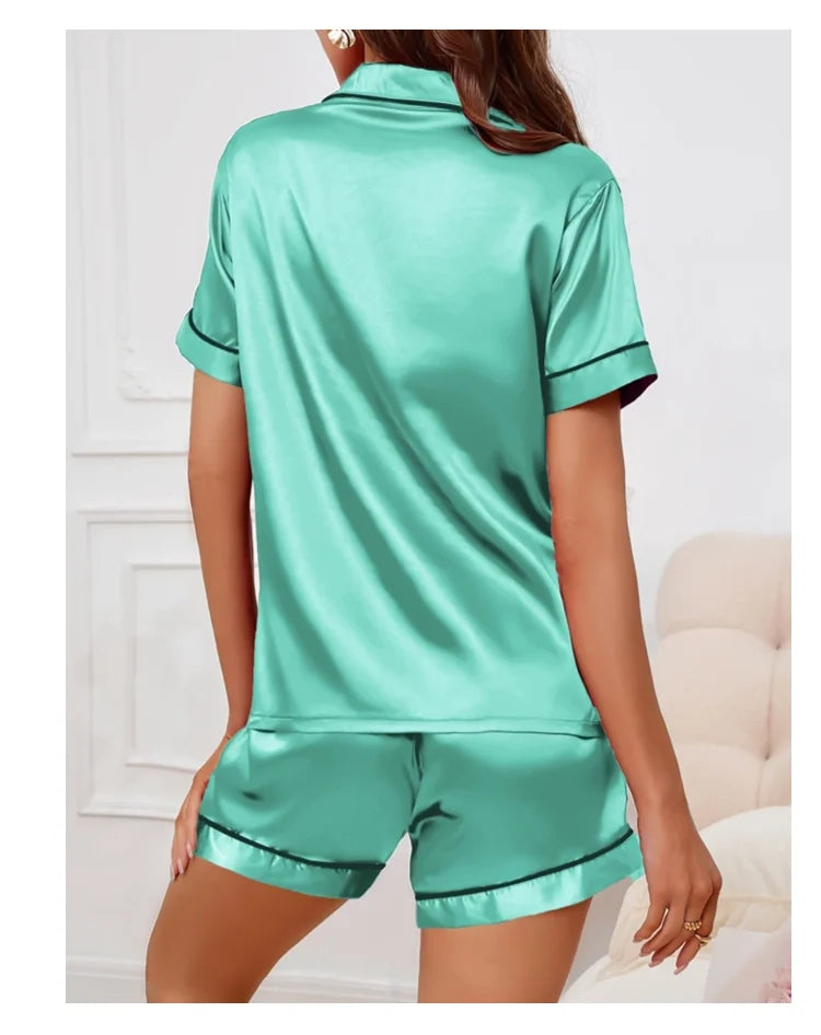 Silk Satin Pajama Set – Button-Down Top & Shorts 2-Piece Sleepwear Style Heaven