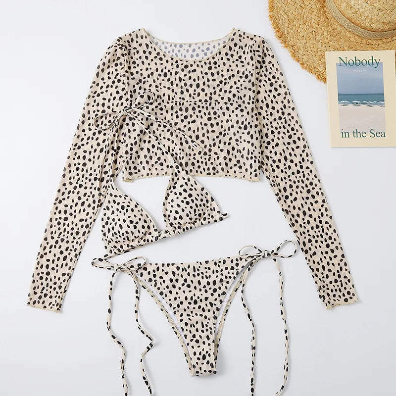 Leopard Print 3-Piece Micro Bikini Set – Halter Top, Low Waist Bottoms & Cover-Up - Style Heaven