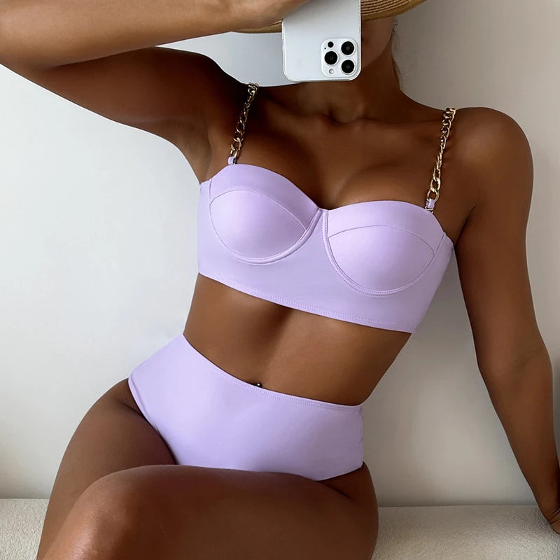 7 Colors High Waist Bikini Set – Padded Wrap Top with Chain Shoulder Straps – Fluorescent Green/Black/Bright Orange Style Heaven