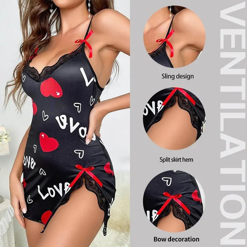 Romantic Lace-Trim V-Neck Sleepwear – Love Letter Print Mini Nightdress Style Heaven
