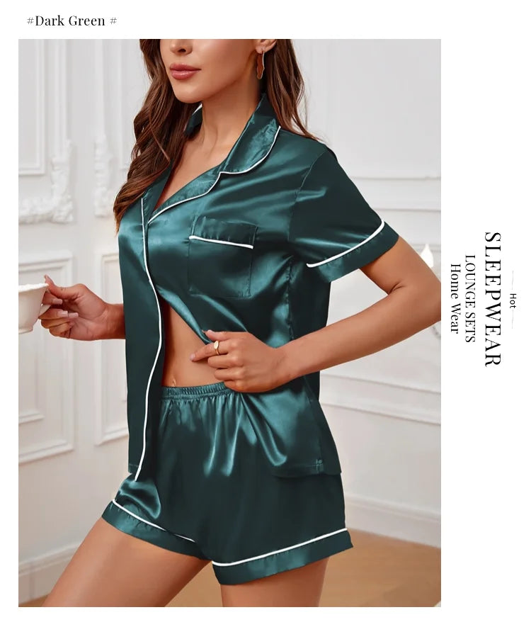 Silk Satin Pajama Set – Button-Down Top & Shorts 2-Piece Sleepwear Style Heaven