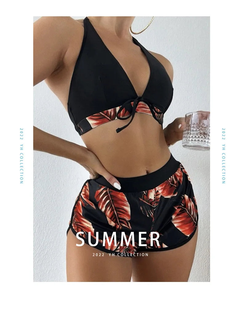 Women’s Sexy Leaf Print 3-Piece High Waist Bikini Set – Stylish Beach Swimwear Style Heaven