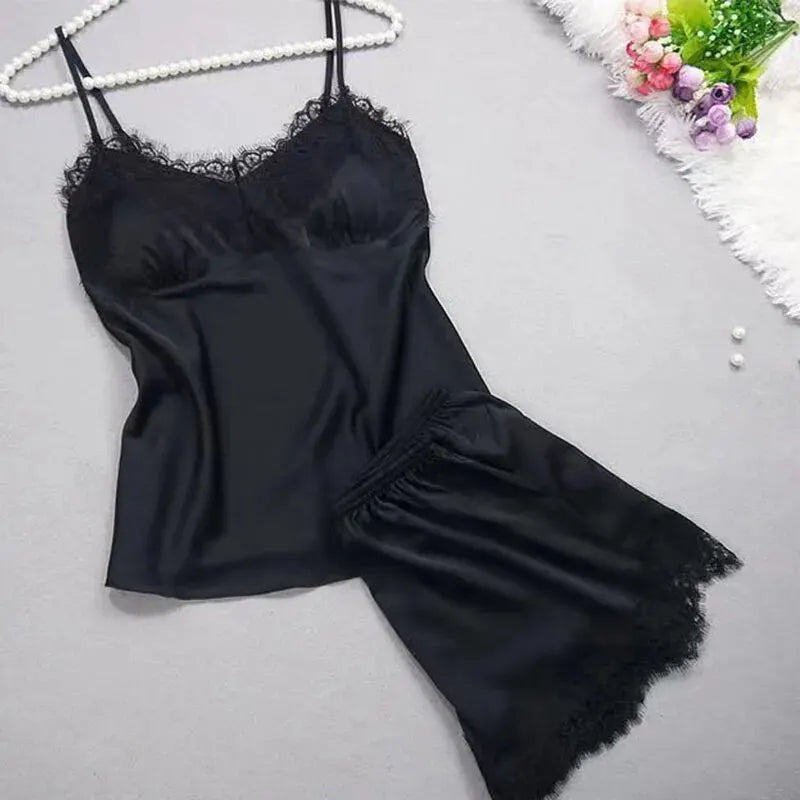Sexy Lace Halter Pajama Set – 2-Piece Camisole & Shorts Sleepwear Style Heaven