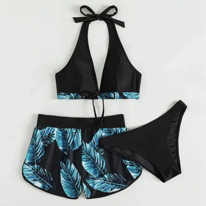 Women’s Sexy Leaf Print 3-Piece High Waist Bikini Set – Stylish Beach Swimwear Style Heaven