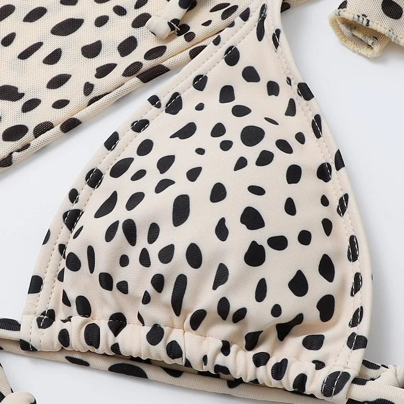Leopard Print 3-Piece Micro Bikini Set – Halter Top, Low Waist Bottoms & Cover-Up - Style Heaven