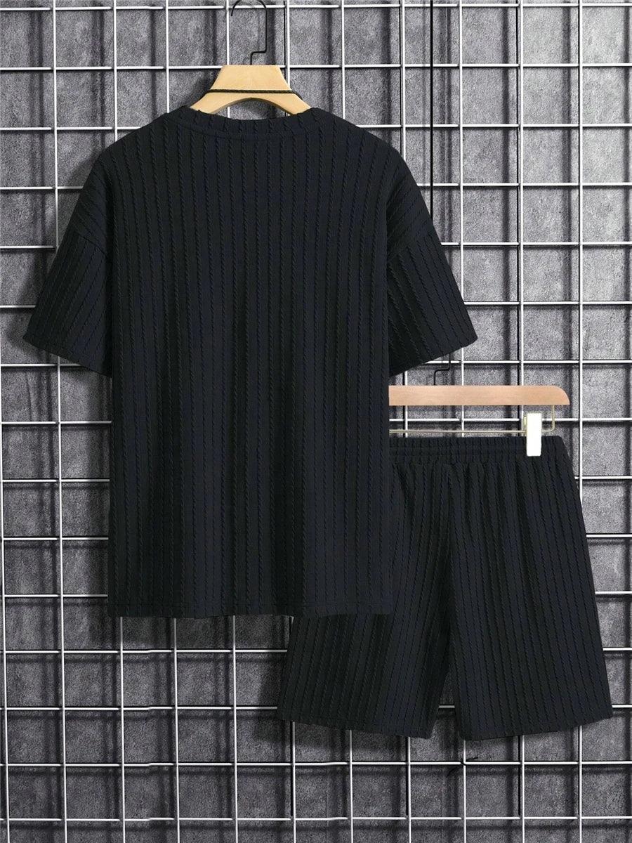 Men’s Two-Piece Summer Set – Solid Stripe T-Shirt & Shorts Casual Gym Streetwear Style Heaven