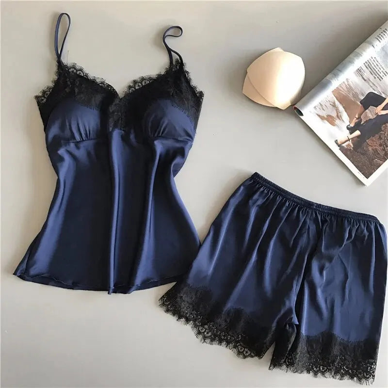 Sexy Lace Satin Pajama Set – V-Neck Babydoll Sleepwear with Bowknot Style Heaven