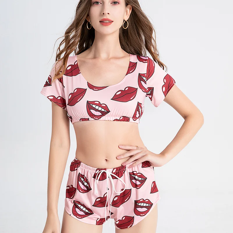 Sexy Lips Print Pajama Set – 2-Piece Summer Sleepwear Suit Style Heaven