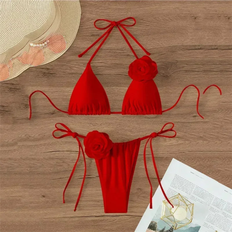 Sexy Flower Bandeau Swimwear Thong Bikini – Lace-Up Brazilian Bikinis Set for Women Style Heaven