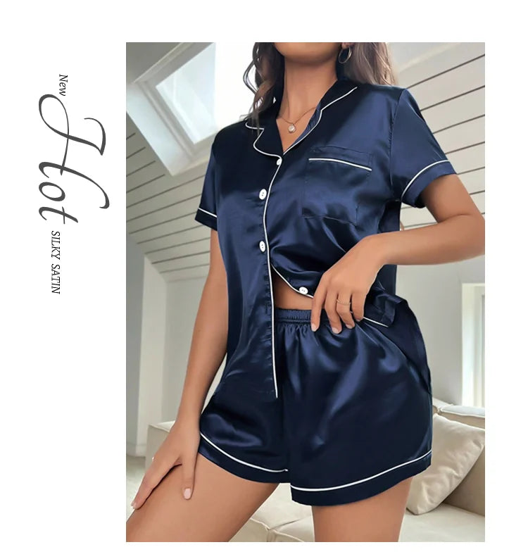 Silk Satin Pajama Set – Button-Down Top & Shorts 2-Piece Sleepwear Style Heaven