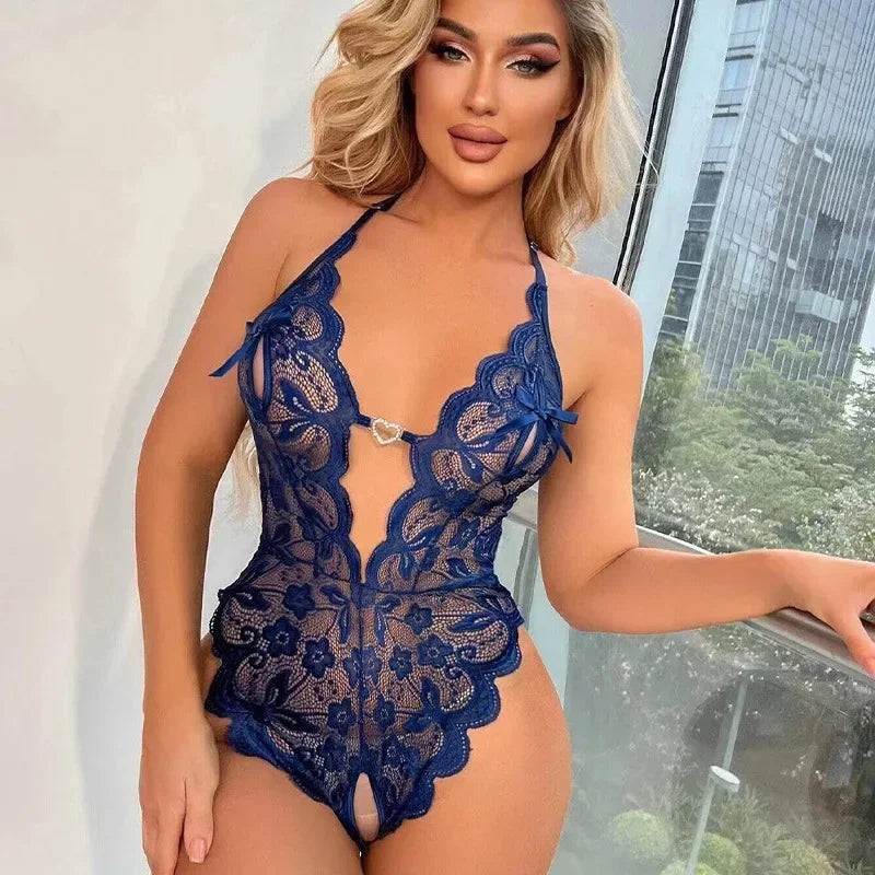 Sexy Lace Crotchless Lingerie Set – Hollow Deep V Open Bra & Backless Costume for Women Style Heaven