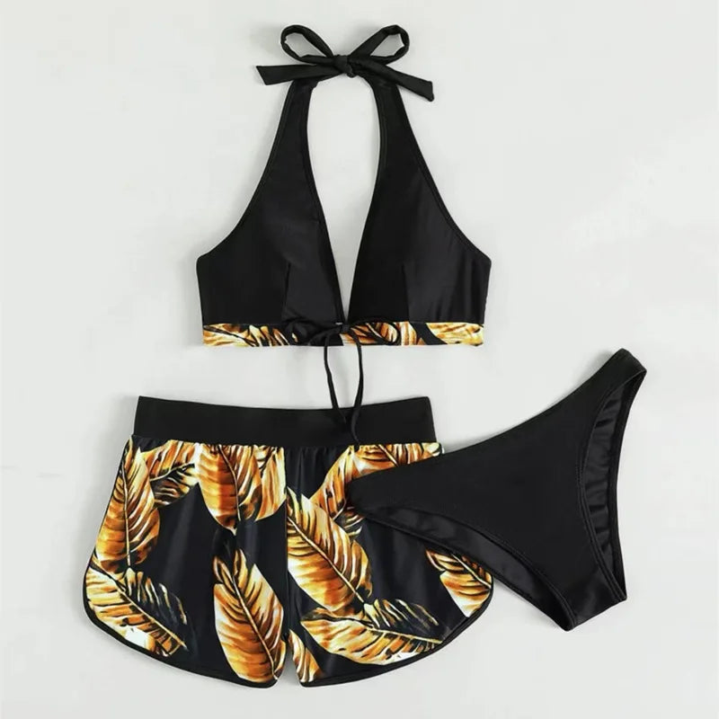 Women’s Sexy Leaf Print 3-Piece High Waist Bikini Set – Stylish Beach Swimwear Style Heaven