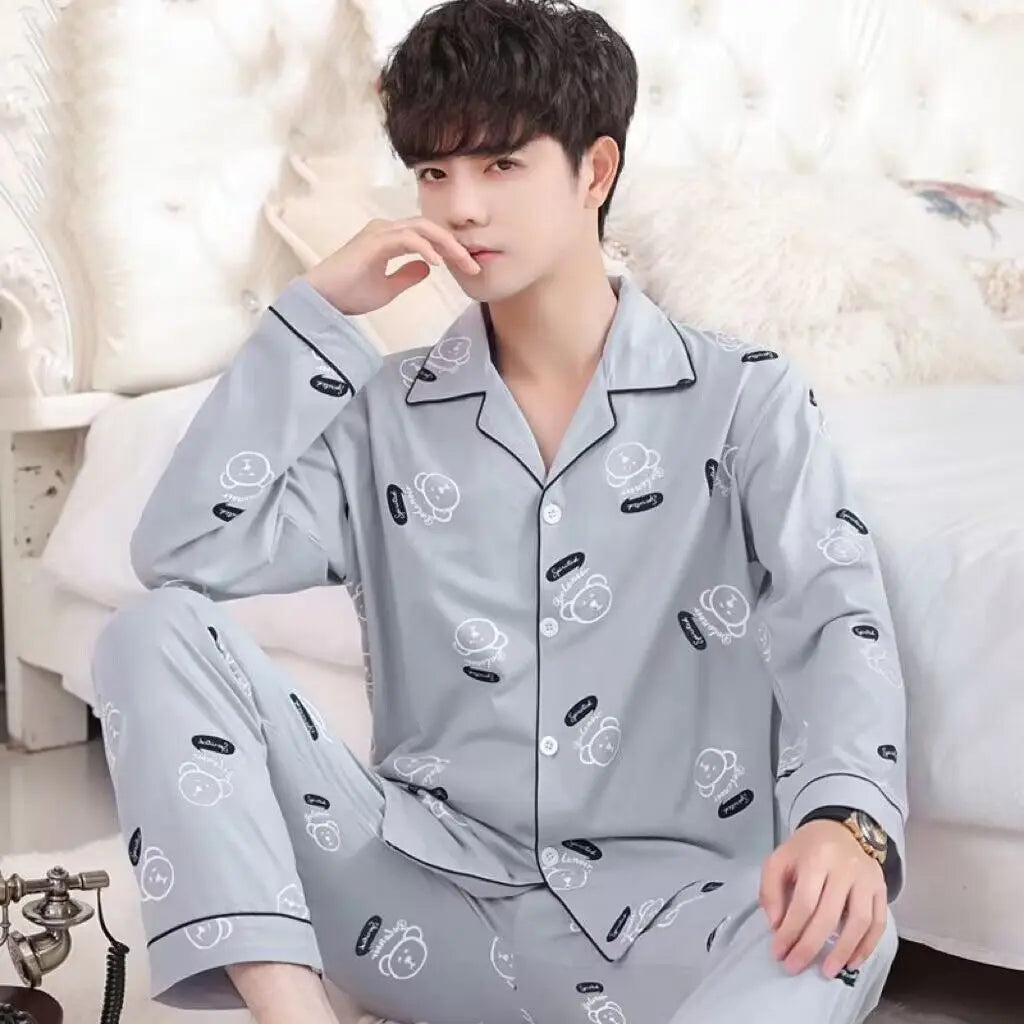 Men's Cotton Pajama Set – Long-Sleeve Shirt & Trousers Casual Homewear for Spring & Summer Style Heaven