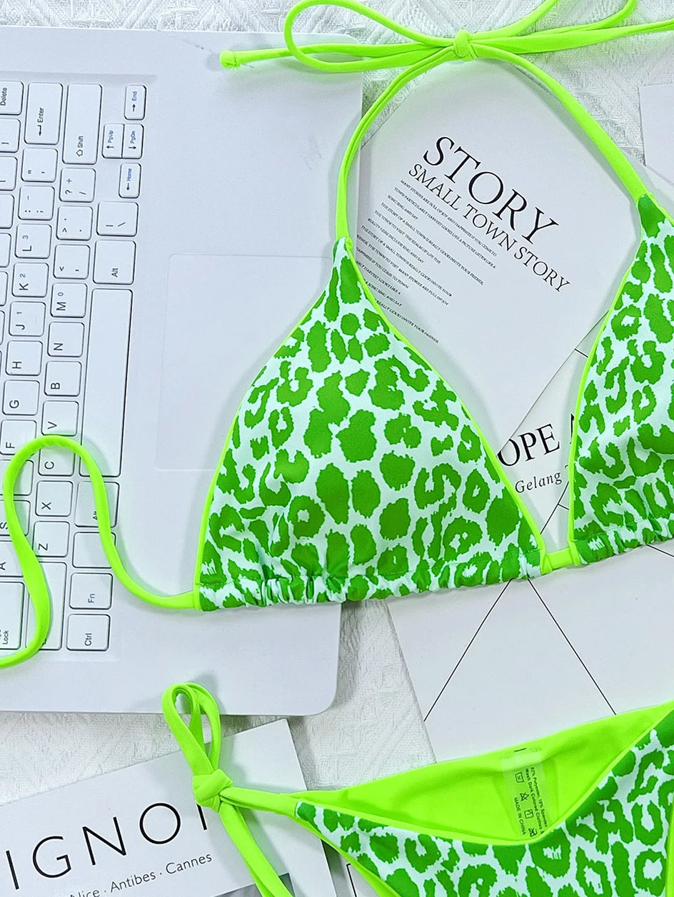 2024 Sexy Leopard Micro Bikini – Women’s Brazilian Halter Swimwear Set with Lace-Up Design Style Heaven