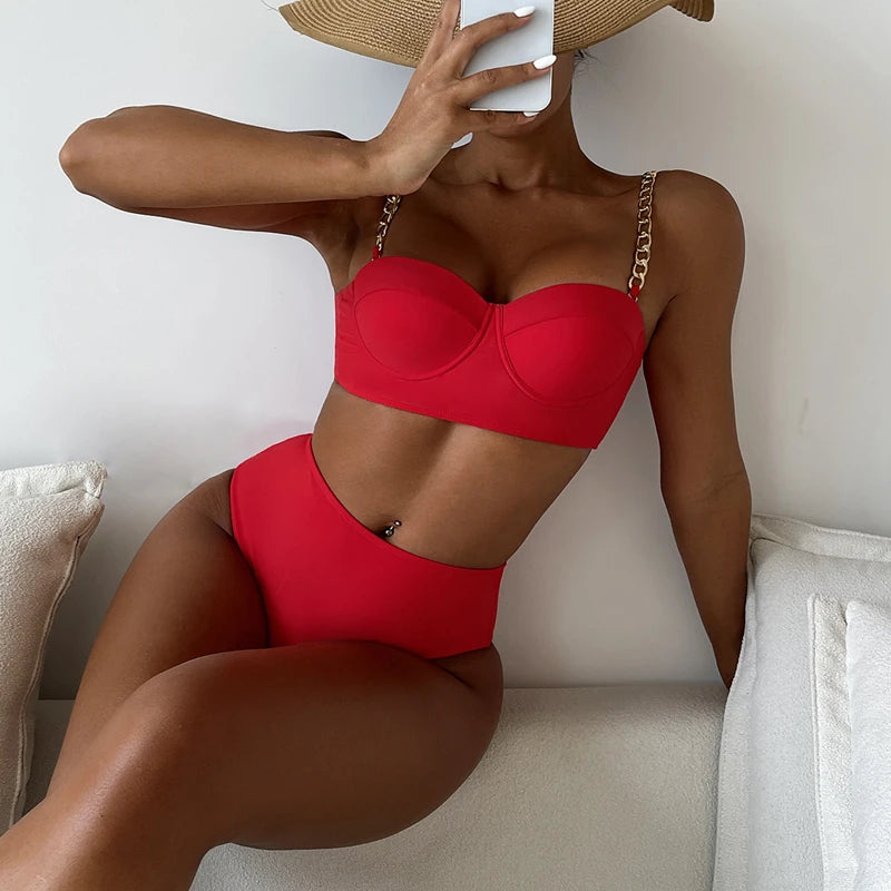 7 Colors High Waist Bikini Set – Padded Wrap Top with Chain Shoulder Straps – Fluorescent Green/Black/Bright Orange Style Heaven