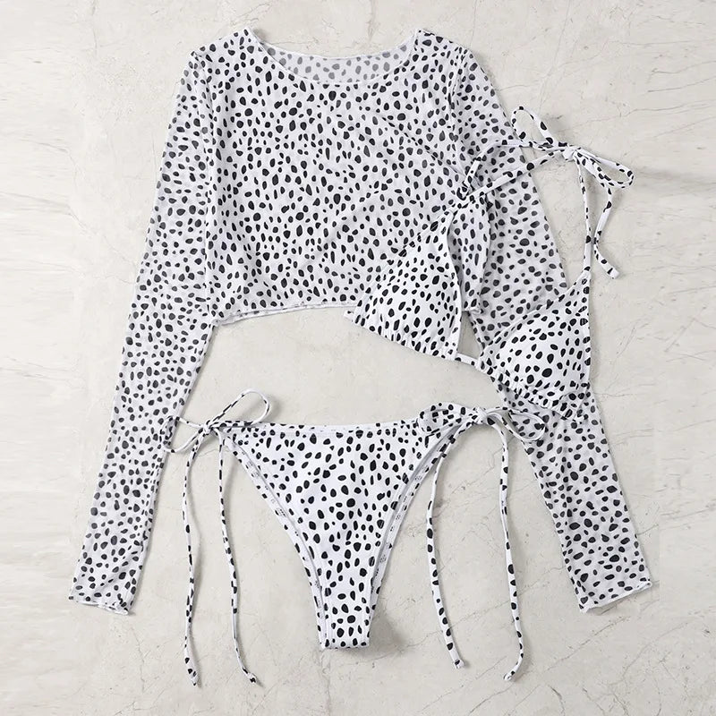 Leopard Print 3-Piece Micro Bikini Set – Halter Top, Low Waist Bottoms & Cover-Up - Style Heaven