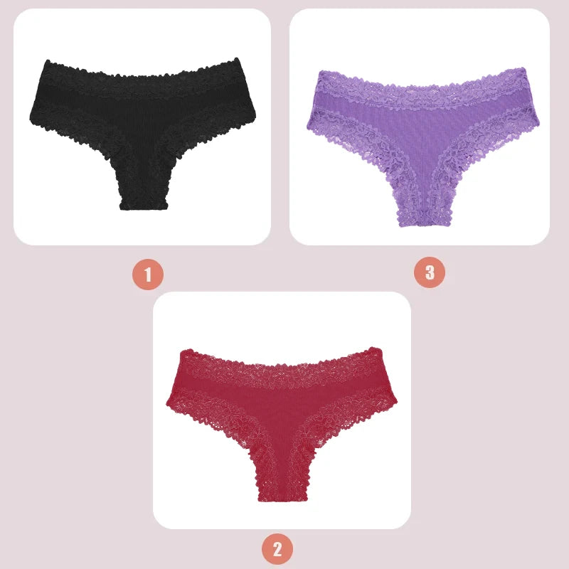 3PCS Women's Lace Seamless Cotton Panties – Ribbed Brazilian Low Waist Underwear, Breathable & Plus Size Lingerie Style Heaven