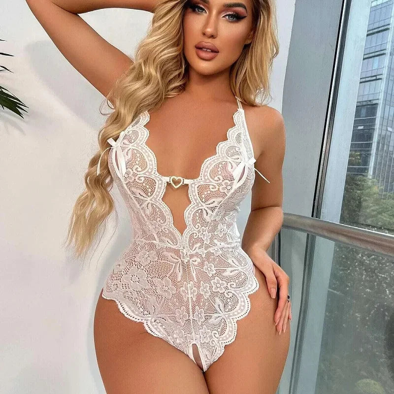Sexy Lace Crotchless Lingerie Set – Hollow Deep V Open Bra & Backless Costume for Women Style Heaven