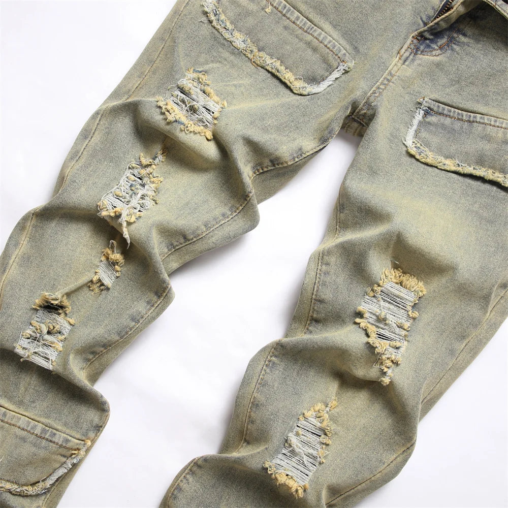 Men’s Retro Ripped Spliced Slim Jeans – Hip-Hop Streetwear Denim - Style Heaven