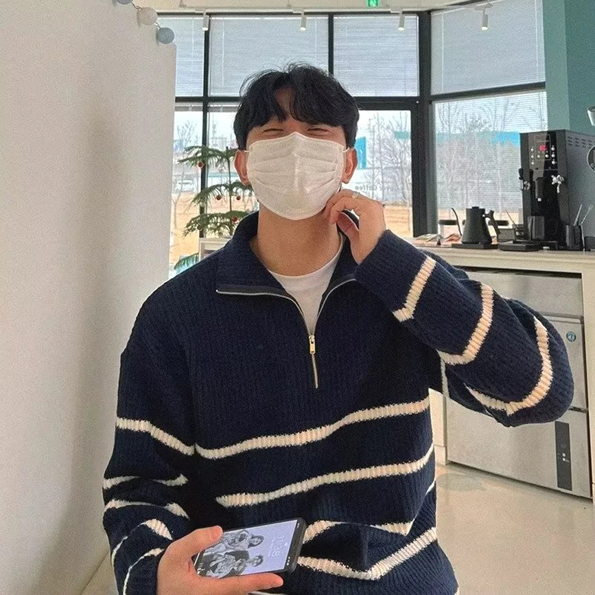 Men’s Korean-Style Striped Knitted Sweater – Mid High Collar Slim Fit Long Sleeve Casual Hoodie - Style Heaven
